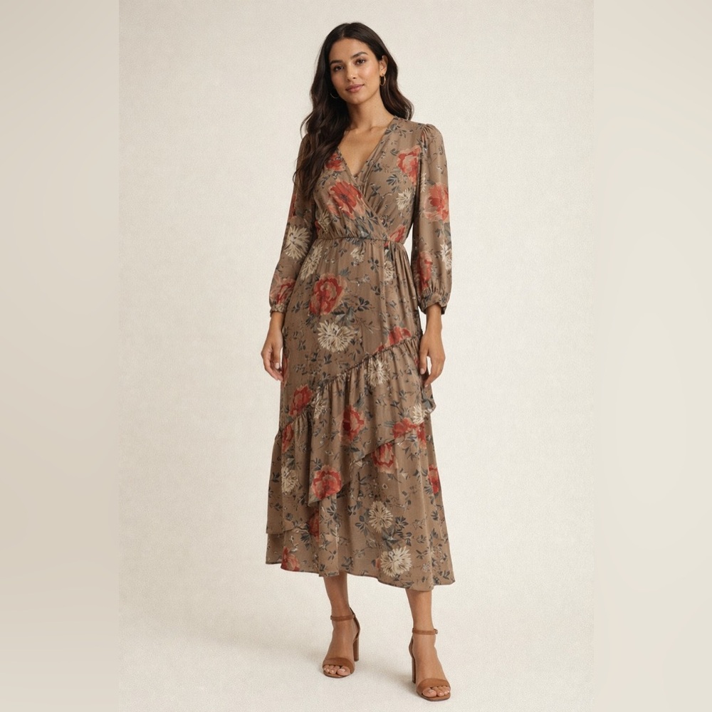 v-neck, 3/4 length ruffled sleeves, boho style floral print size XS dress